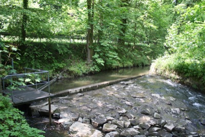 kleines Streichwehr an einem Bach im Odenwald